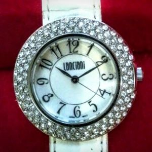 Lanciani crystal watch white patent leather strap